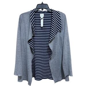 Weekends By Chicos Cardigan Women Size 0 US S Gray Blue Striped Drape Open Front